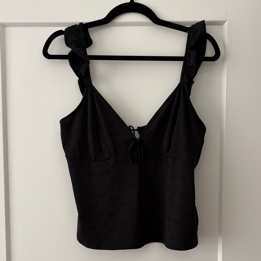 H&M Black Ruffled Strap Tank Top with Tie Back